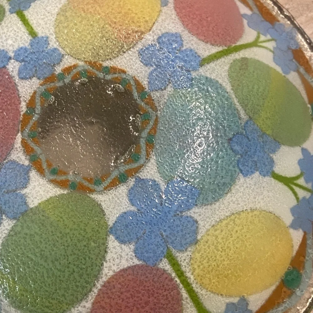 Peggy Karr Easter Egg Fused Art Glass Bowl Colorful Eater Eggs Blue Pink Green